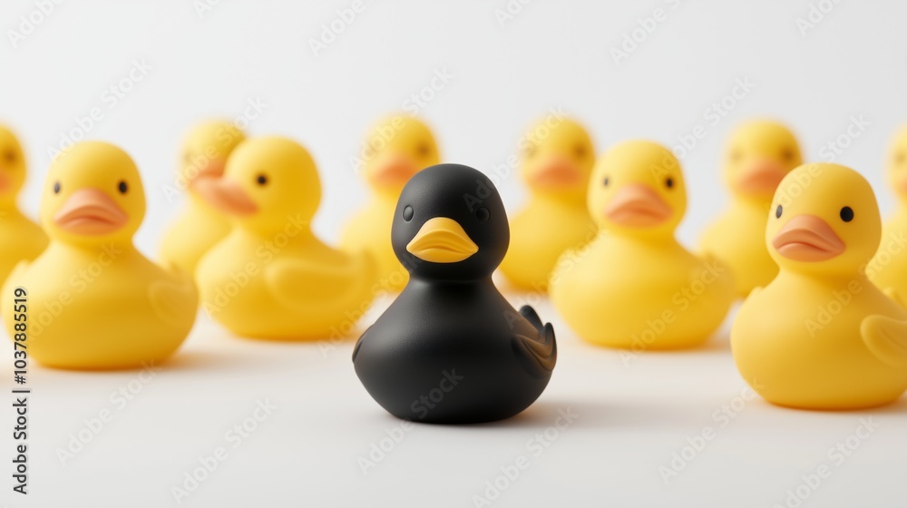 A single black rubber duck stands out among a crowd of yellow rubber ducks on a white surface. A single black rubber duck stands out among a crowd of yellow rubber ducks on a white surface.