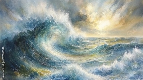 Dramatic Ocean Wave Crashing Under Cloudy Sky Painting