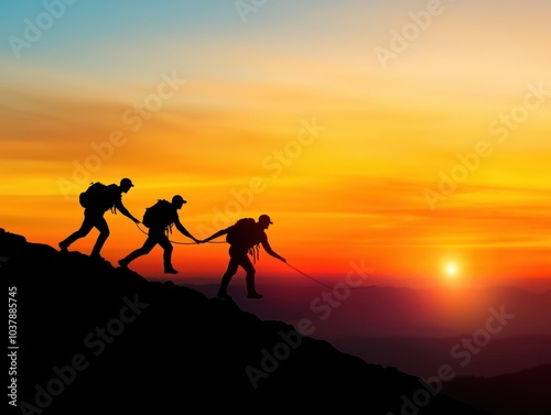 Adventurers Ascending a Mountain Against a Stunning Sunset Horizon