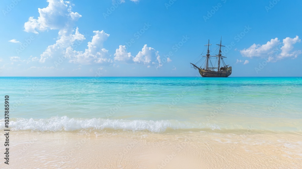 Pirate Adventure Awaits on Golden Beach with Crystal-Clear Waters and Anchored Ship | Ultra-Detailed Exploration Photo Pirate Adventure Awaits on Golden Beach with Crystal-Clear Waters and Anchored Ship | Ultra-Detailed Exploration Photo