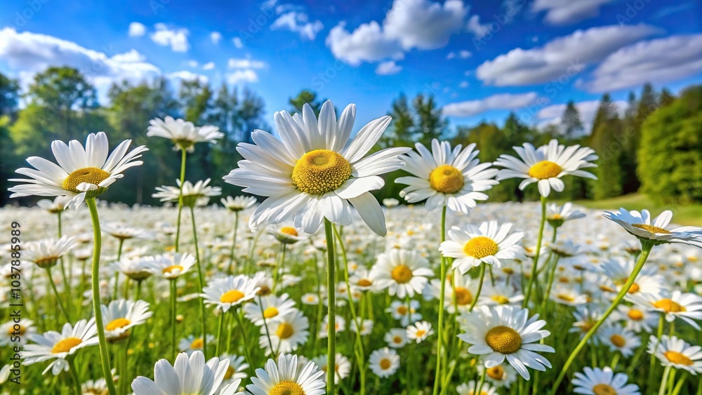 Close-up of white daisies in front of green trees and blue sky Close-up of white daisies in front of green trees and blue sky