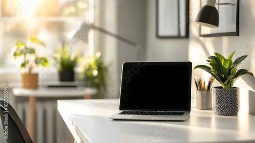 10. Neatly arranged home office with a small plant and laptop on a white desk