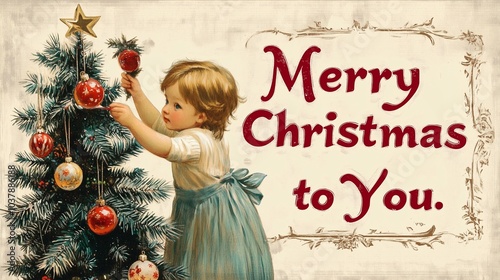 クリスマスツリーを飾る子供のビンテージクリスマスポストカード