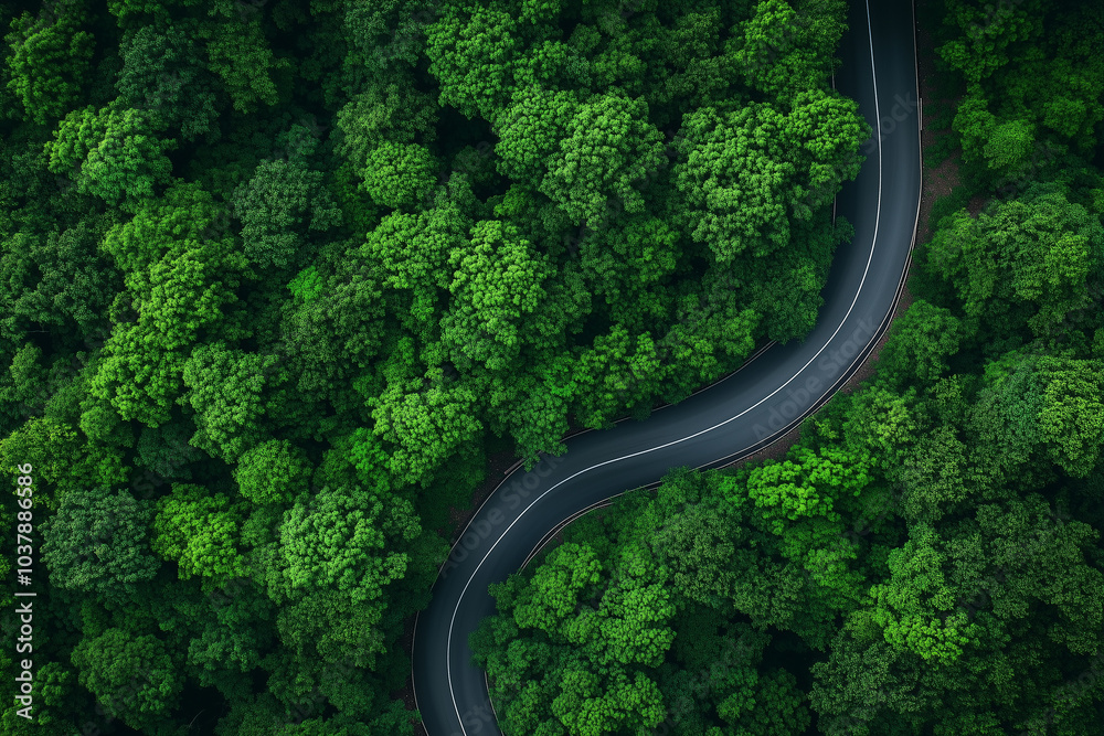 Aerial View of Winding Road Through Lush Green Forest Aerial View of Winding Road Through Lush Green Forest