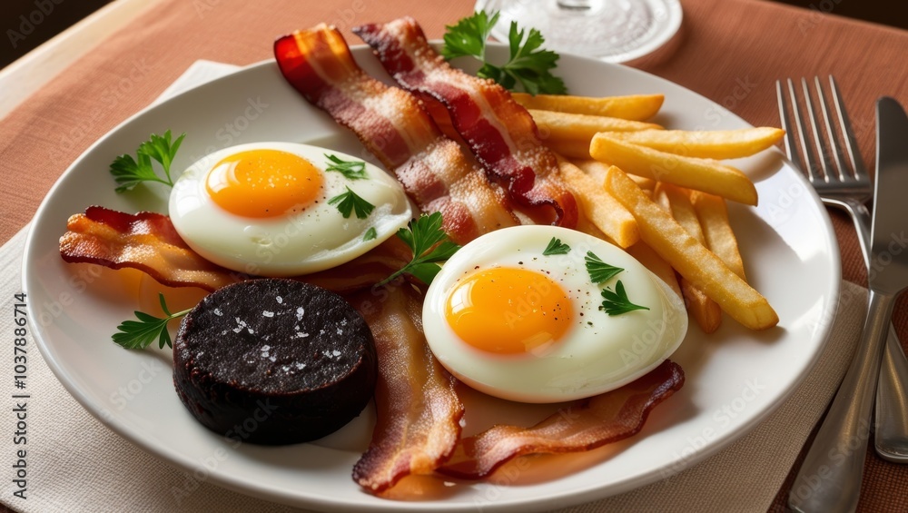 Hearty all day breakfast featuring crispy bacon, eggs, black pudding, and golden fries on a plate