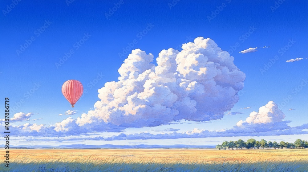 Obraz premium Pink Hot Air Balloon Flying Over Field with Fluffy Clouds and Blue Sky