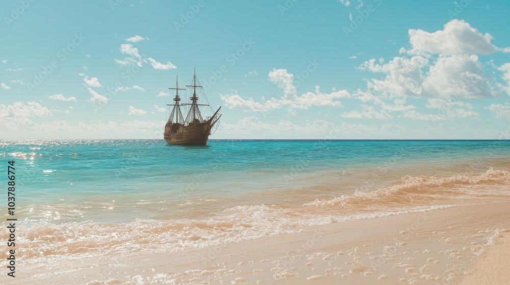 Pirate Ship Anchored at Tranquil Beach with Golden Sands and Turquoise Waters - Discover Adventure and Exploration in Ultra-Detailed Scene Pirate Ship Anchored at Tranquil Beach with Golden Sands and Turquoise Waters - Discover Adventure and Exploration in Ultra-Detailed Scene