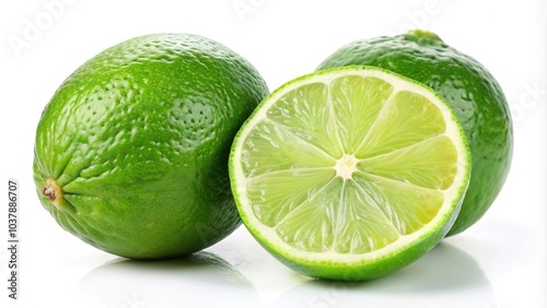 Close-up of whole and half lime isolated on white background