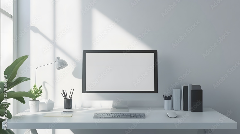 66. Minimalist desk setup with a computer and minimal stationery in a modern room 66. Minimalist desk setup with a computer and minimal stationery in a modern room