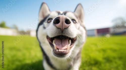 Happy husky enjoying a sunny day at a grassy park with a bright blue sky in the background.