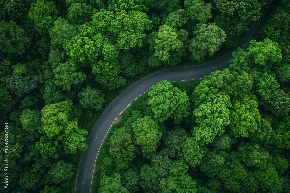 Aerial View of Winding Road Through Lush Green Forest Aerial View of Winding Road Through Lush Green Forest