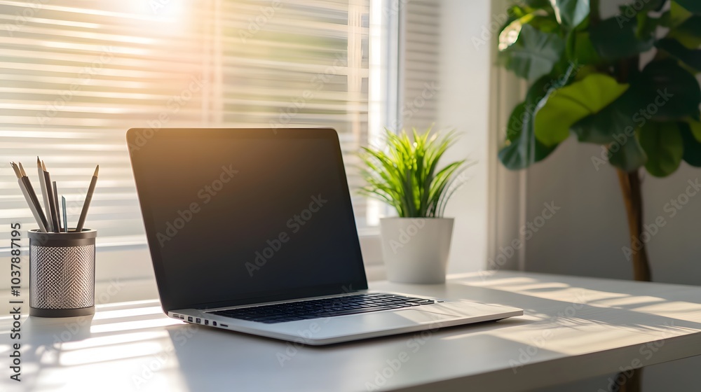 91. Clean office desk with a laptop and small plant for a minimalist feel 91. Clean office desk with a laptop and small plant for a minimalist feel