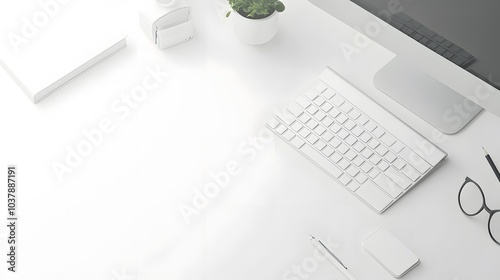 85. White desk setup with a computer and minimal stationery in a bright workspace