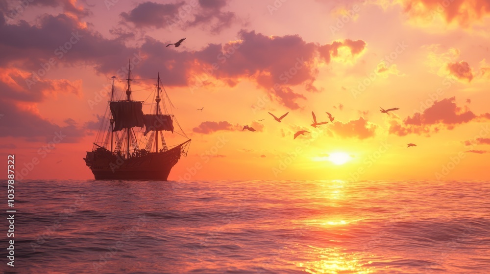 Majestic Pirate Ship Silhouette at Vibrant Sunset Over Calm Ocean with Seagulls Flying - Ultra-Detailed Seascape Majestic Pirate Ship Silhouette at Vibrant Sunset Over Calm Ocean with Seagulls Flying - Ultra-Detailed Seascape