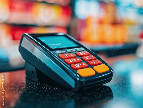 Modern Payment Terminal Displaying Digital Transaction Options in a Retail Setting
