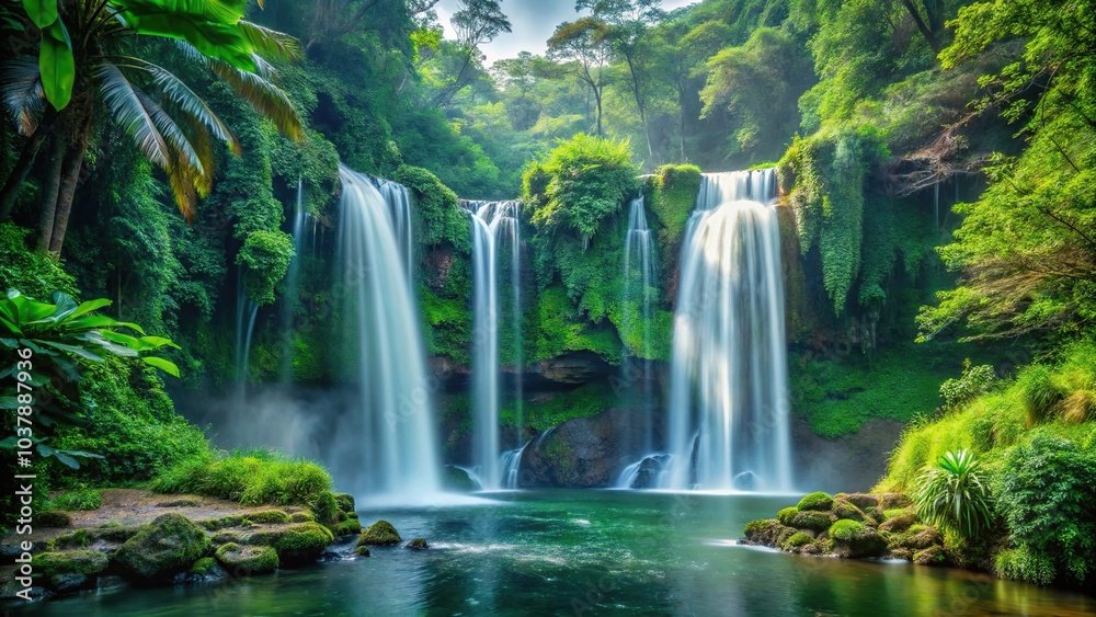 Fototapeta premium Double waterfall cascading through lush jungle forest, creating breathtaking depth of field