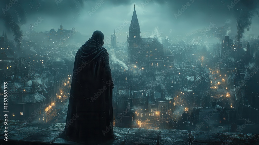 Guardian of the Twilight City: A Cloaked Sentinel Watches Over a Misty Urban Landscape, Where Ancient Spires and Modern Lights Blend in a Haunting Tableau of Mystery and Melancholy Grandeur Guardian of the Twilight City: A Cloaked Sentinel Watches Over a Misty Urban Landscape, Where Ancient Spires and Modern Lights Blend in a Haunting Tableau of Mystery and Melancholy Grandeur