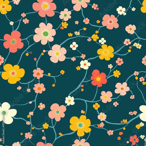 Wallpaper Mural Floral Seamless Pattern with Colorful Blooms and Vines Torontodigital.ca