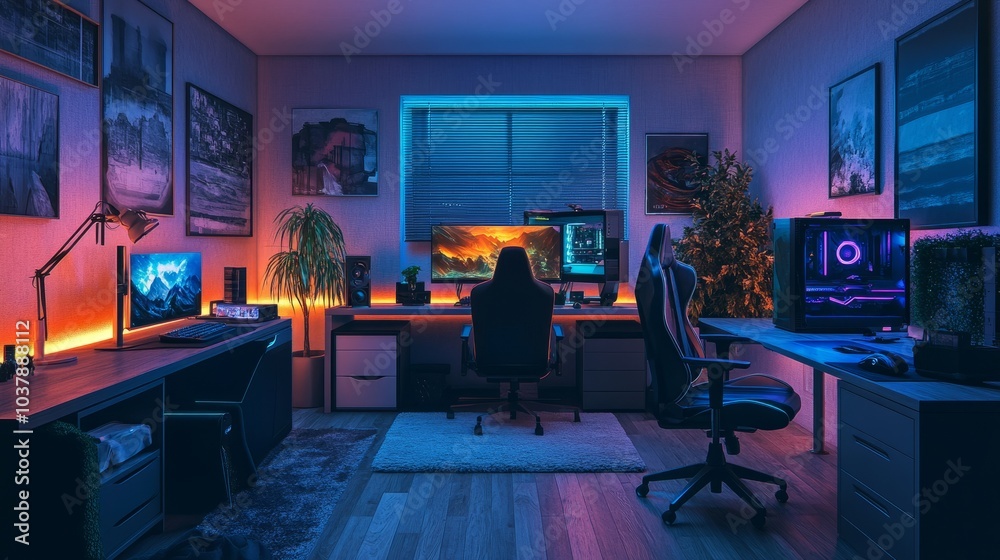 High-end gamers bedroom captured in a 3D night render, showcasing a professional rig with neon accents and comfy decor High-end gamers bedroom captured in a 3D night render, showcasing a professional rig with neon accents and comfy decor