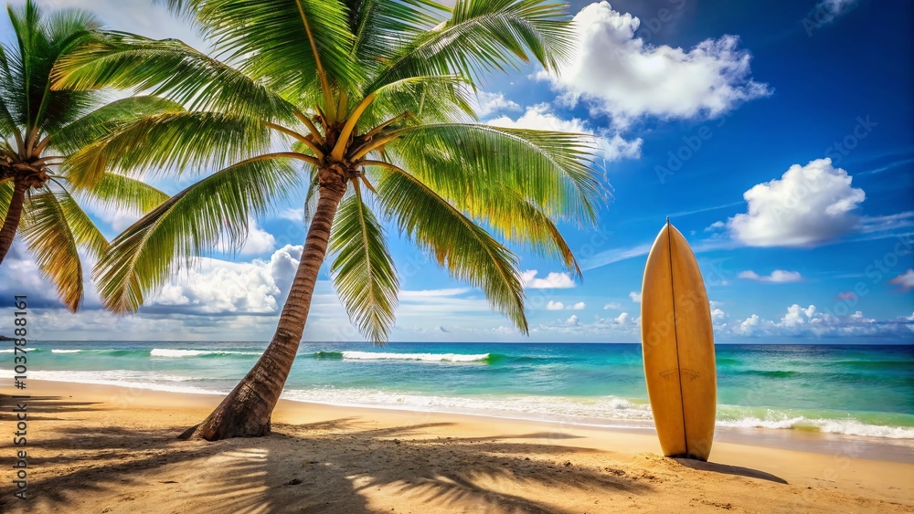 Colorful surfboard resting by a palm tree on a golden sandy shore, with breathtaking ocean views—ideal for summer Colorful surfboard resting by a palm tree on a golden sandy shore, with breathtaking ocean views—ideal for summer