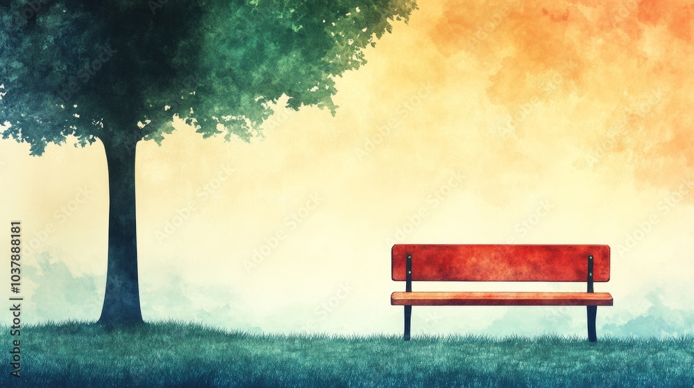 Fototapeta premium Tranquil Park Bench with Watercolor Tree and Sky