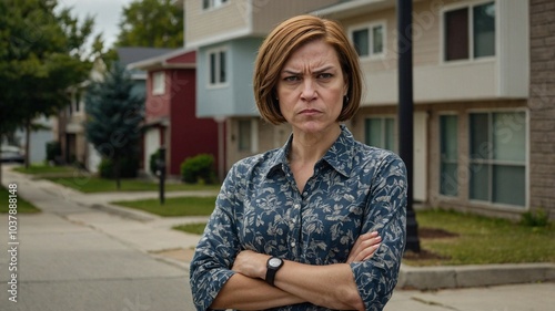 Angry Suburban Woman with Arms Crossed