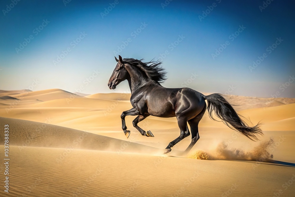 Dynamic black horse galloping through desert sand Dynamic black horse galloping through desert sand