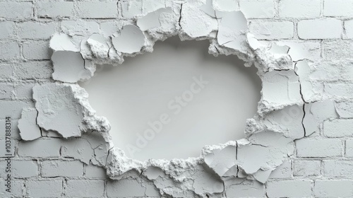 Fototapeta Naklejka Na Ścianę i Meble -  3D cracked brick wall with a large hole in the center isolated on a white background representing destruction breakthrough or construction themes. Generative AI