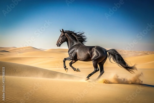 Dynamic black horse galloping through desert sand