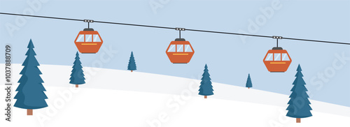 Ski lift illustration. Cable car in the winter season. Winter hill with cable car. Winter landscape. Ropeway illustration. Gondola lift. Cable car system. Mountain transportation. 