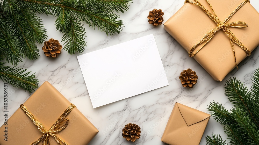 Christmas Card Mockup: A minimalist and festive scene featuring kraft paper gift boxes with gold ribbon, pine branches, and pine cones surrounding a blank white card, ready for your holiday greetings. Christmas Card Mockup: A minimalist and festive scene featuring kraft paper gift boxes with gold ribbon, pine branches, and pine cones surrounding a blank white card, ready for your holiday greetings.