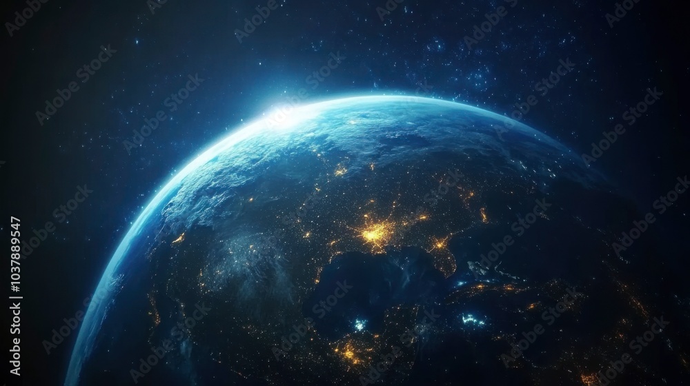 Obraz premium Witness the breathtaking sight of Earth at night from space, where illuminated lines of communication weave a tapestry of global connection and innovation. Generative AI