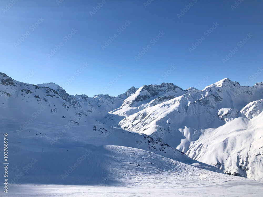 Bluebird day on the slopes in Austria. Fantastic ski day on the mountain Bluebird day on the slopes in Austria. Fantastic ski day on the mountain
