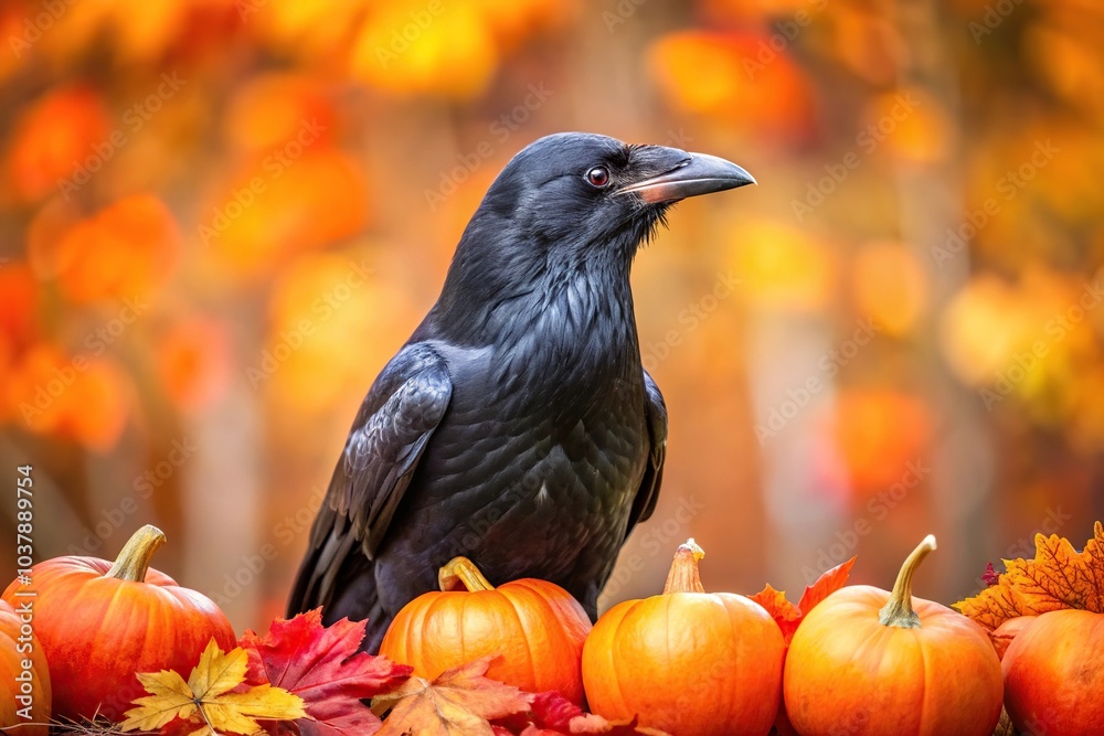 Obraz premium Close-up photo of black raven surrounded by pumpkins and autumn leaves