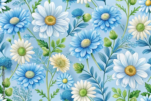 Delicate blue daisy flower feverfew chrysanthemum foliage cottagecore floral gyp watercolor seamless pattern