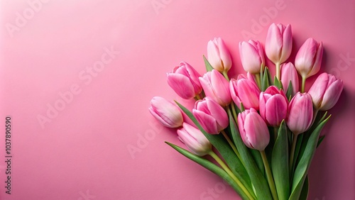 Depth of field pink tulip bouquet on pink background, minimalist spring flower wallpaper