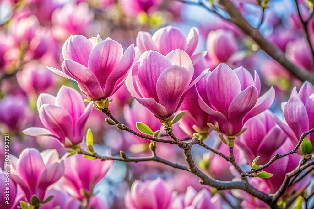 Close-up pink purple magenta magnolia branches with blossoming florals Close-up pink purple magenta magnolia branches with blossoming florals
