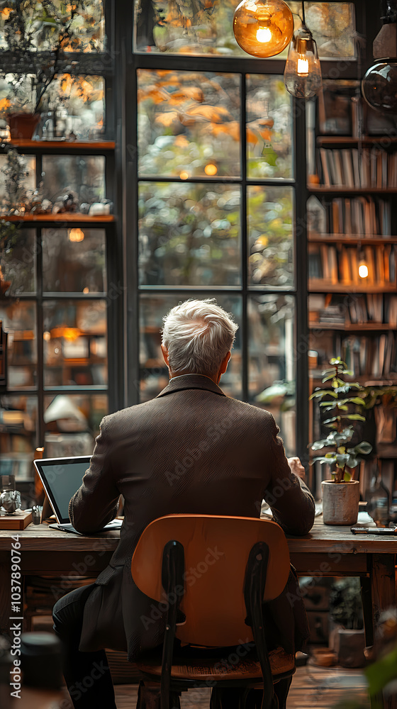 View from the rear of a mature man sitting at a table in a new residence, using a tablet.