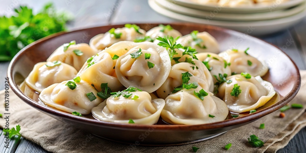 Close-Up plate of pelmeni filled with minced meat topped with butter and parsley Close-Up plate of pelmeni filled with minced meat topped with butter and parsley