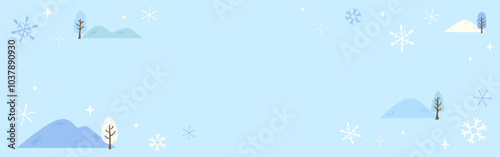 Snowing winter landscape background, snowflakes and trees, cute hand drawn illustration / 雪が降る冬の風景の背景、雪の結晶と樹木、かわいい手描きのイラスト