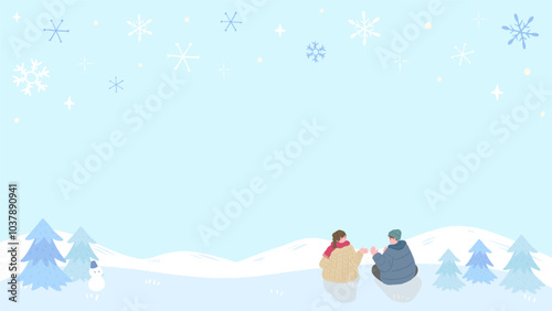 Snowing winter landscape background, smiling man and woman talking, cute hand drawn illustration / 雪が降る冬の風景の背景、笑顔で話す男性と女性、かわいい手描きのイラスト