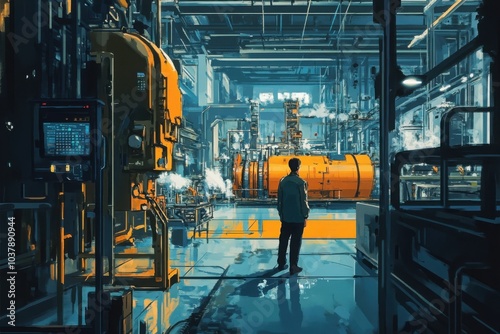 Wallpaper Mural Engineer Observing Machinery in Futuristic Industrial Facility Torontodigital.ca