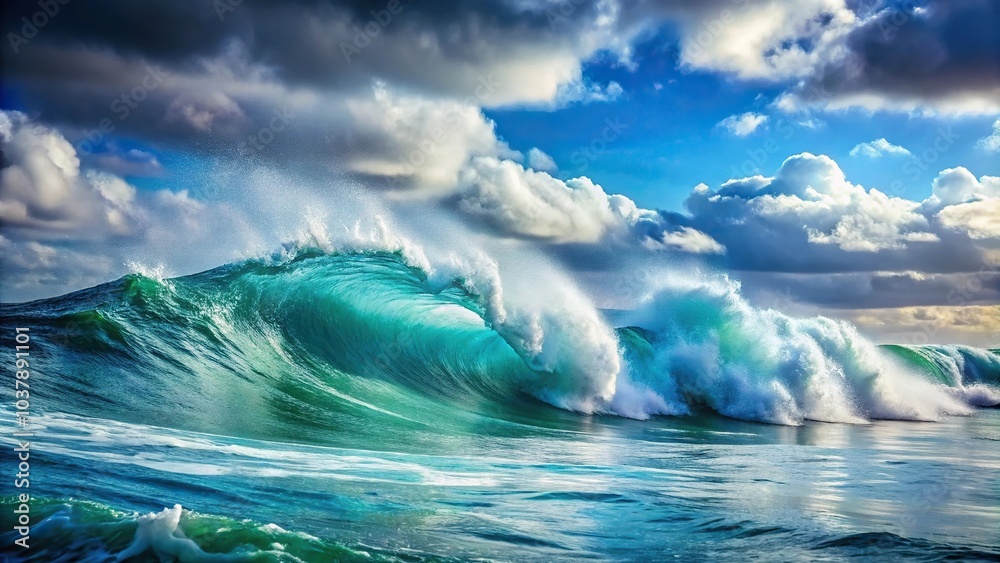 Fototapeta premium Close-Up Powerful foamy sea waves rolling and splashing over water surface against cloudy blue sky
