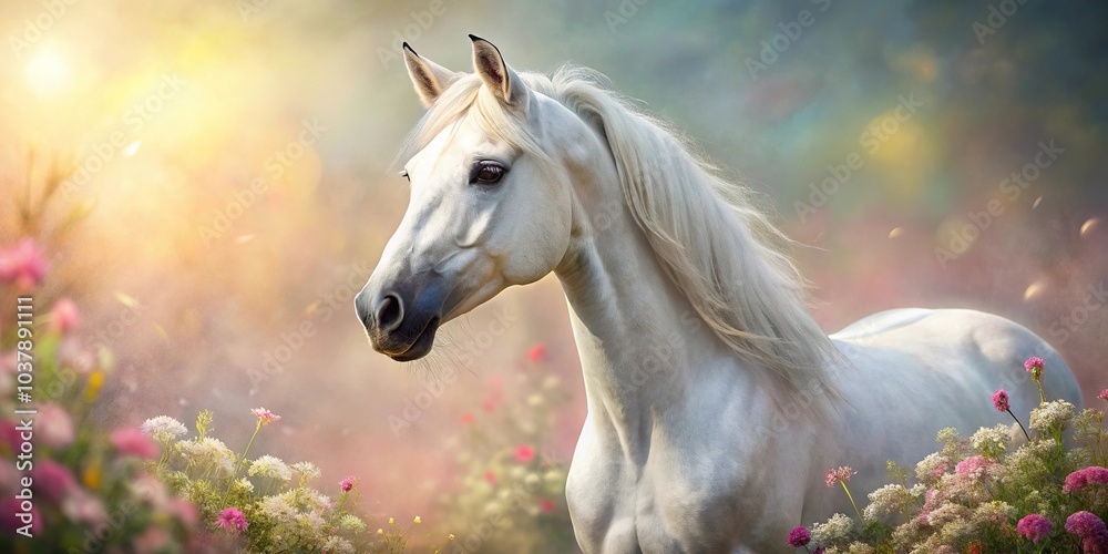 Obraz premium description: Painting of a white horse with flowers in the background focusing on depth of field