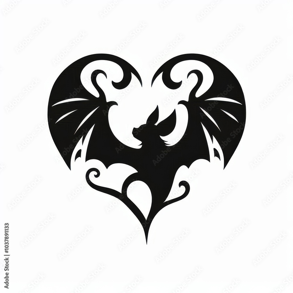 Fototapeta premium Intricate Gothic Heart Silhouette with Bat Design in Black and White