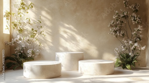 Wallpaper Mural Minimalist white cylindrical podiums in a natural light setting with soft shadows and delicate floral accents. Generative AI Torontodigital.ca