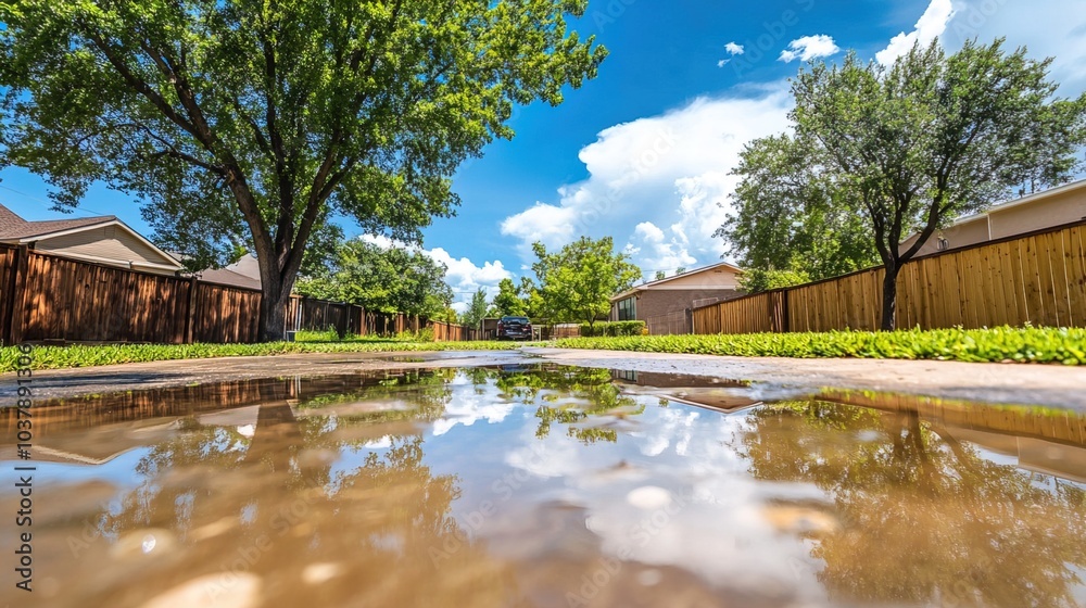 Backyard with standing water reflecting the surrounding trees and sky, capturing the serene beauty of nature's reflection and the tranquility of a still moment. Backyard with standing water reflecting the surrounding trees and sky, capturing the serene beauty of nature's reflection and the tranquility of a still moment.