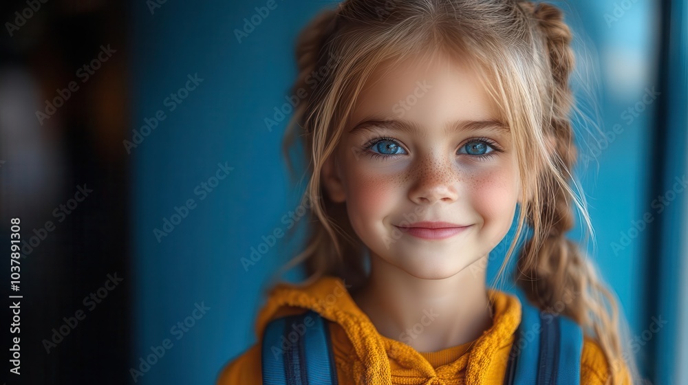 smiling little girl against a bright blue background embodying the joy of learning and education as she prepares for backtoschool moments filled with curiosity and excitement smiling little girl against a bright blue background embodying the joy of learning and education as she prepares for backtoschool moments filled with curiosity and excitement