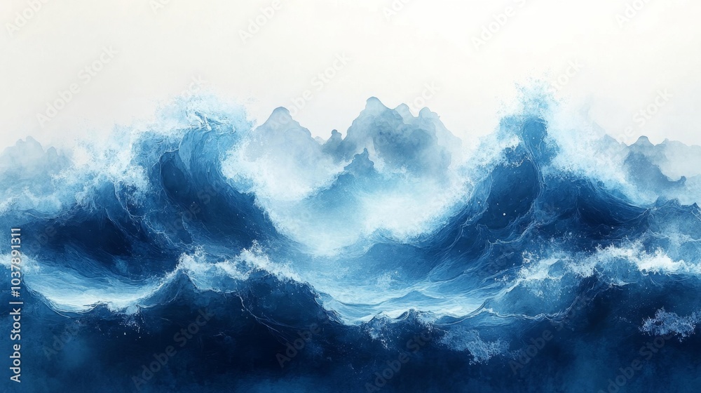 Abstract ocean waves background in blue and white tones watercolor texture dynamic sea waves artwork. Generative AI