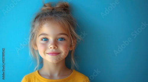 smiling little girl against a bright blue background embodying the joy of learning and education as she prepares for backtoschool moments filled with curiosity and excitement